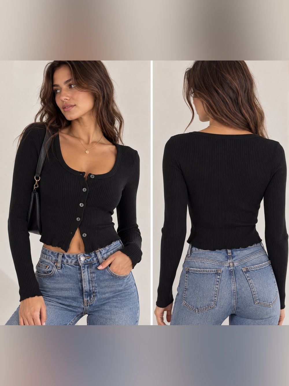 Uniqlo Black Ribbed Cotton Cardigan Top Long Sleeve Button Front Size S